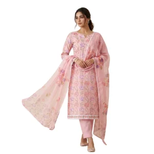 Light soft pink cambric cotton unstitched suit with floral paint design by Kharatis