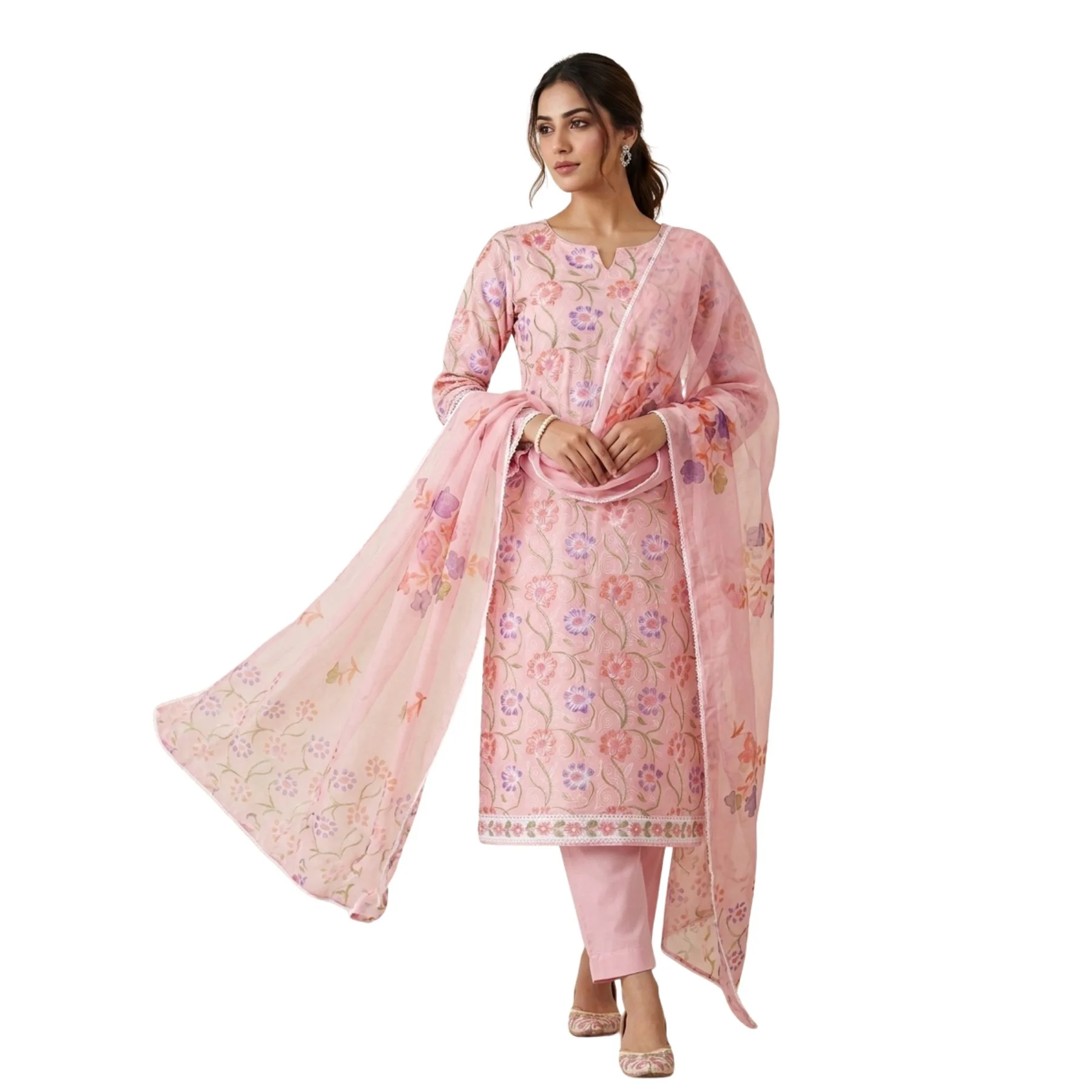Light soft pink cambric cotton unstitched suit with floral paint design by Kharatis