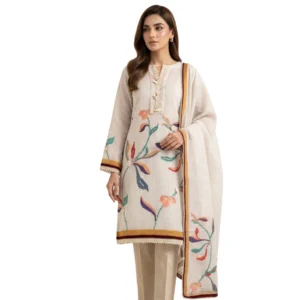 Off white mul cotton unstitched suit with stylized floral designs by Kharatis