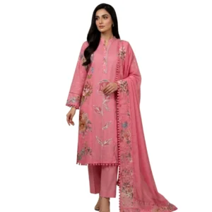 Vibrant rose pink pure mul cotton unstitched suit with neck patti by Kharatis