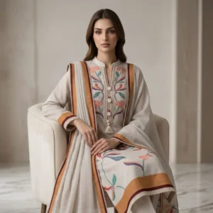 Off white mul cotton unstitched suit with stylized floral designs by Kharatis