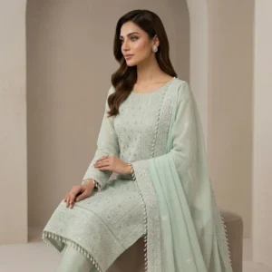 Pastel sage green georgette Lakhnawi unstitched suit with subtle shimmer and sequin detailing by Kharatis