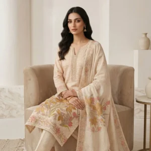 Warm beige mul cotton unstitched suit with floral motifs by Kharatis