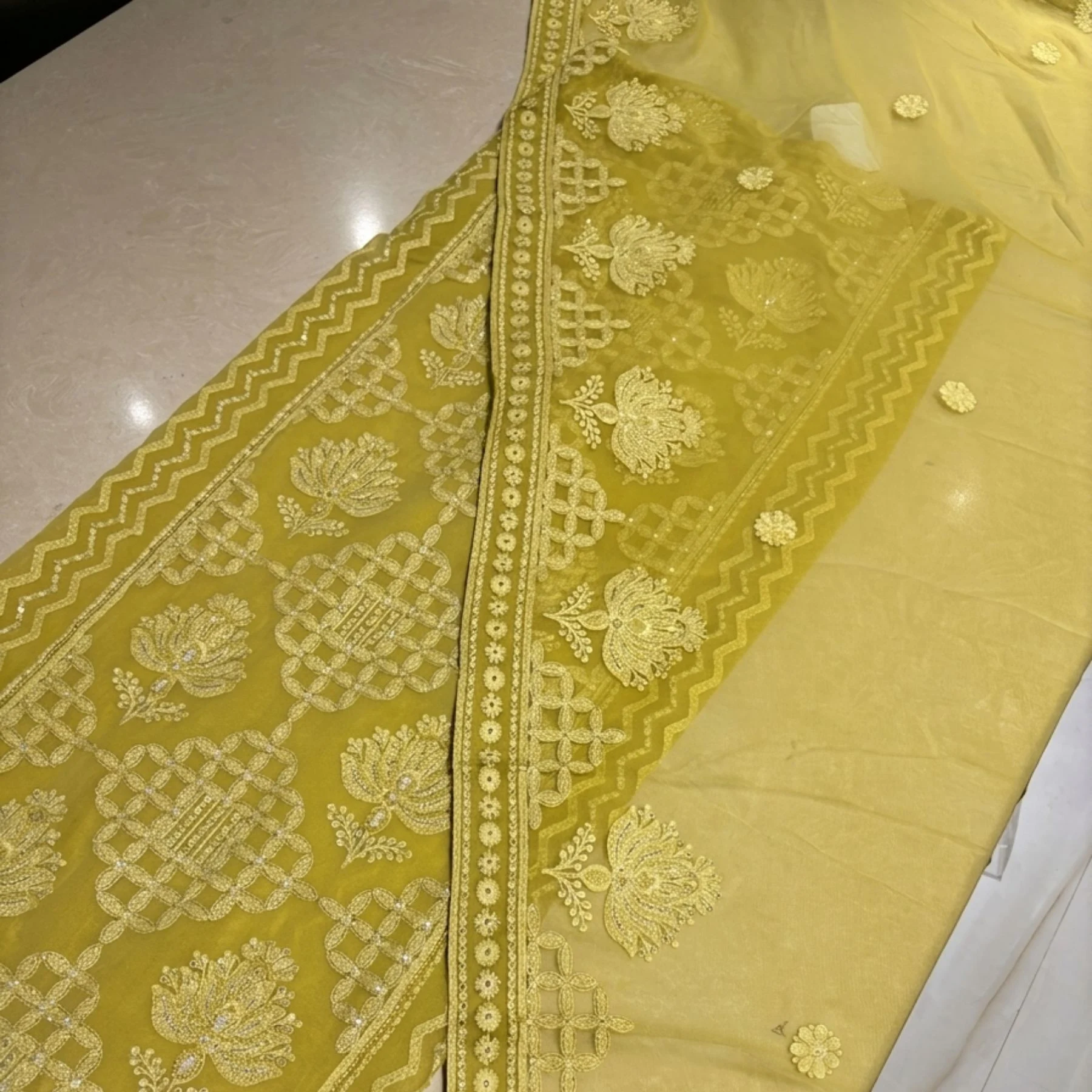 Premium georgette warm lime green unstitched suit with panel thread work by Kharatis
