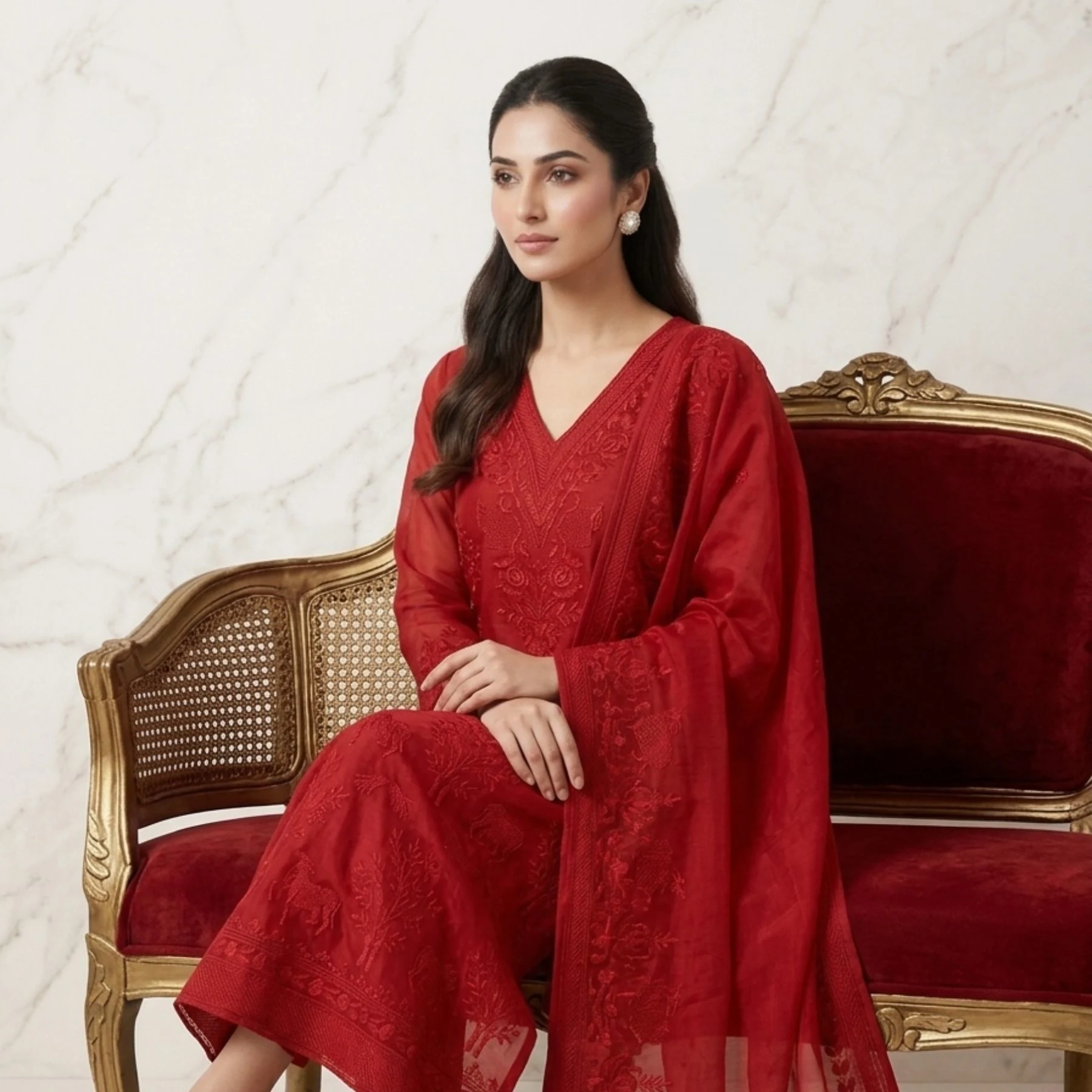 Rich vibrant red unstitched suit with structured embroidery on neck and dupatta by Kharatis