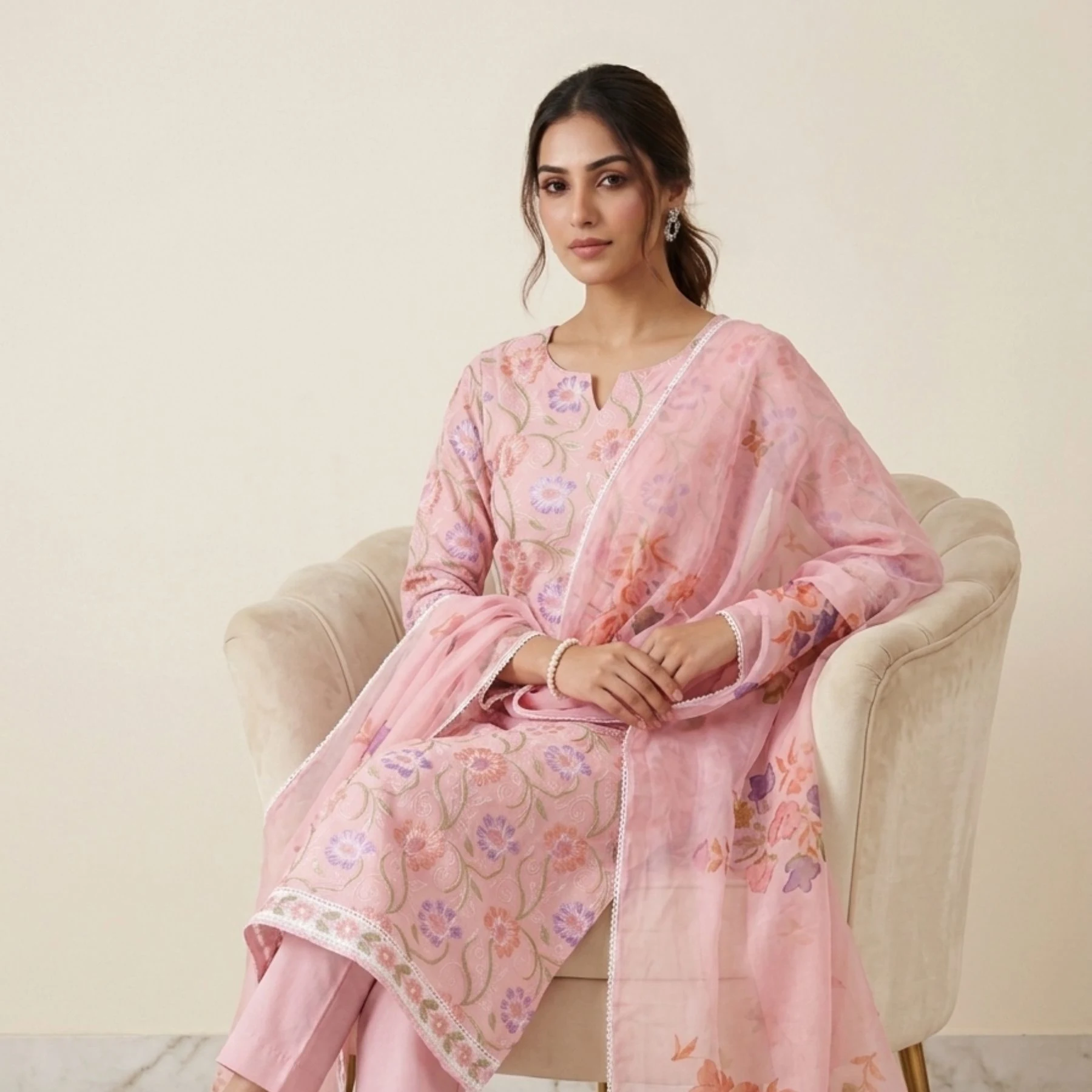 Light soft pink cambric cotton unstitched suit with floral paint design by Kharatis