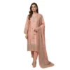 Premium pastel peach pink unstitched suit with sage floral embroidery by Kharatis
