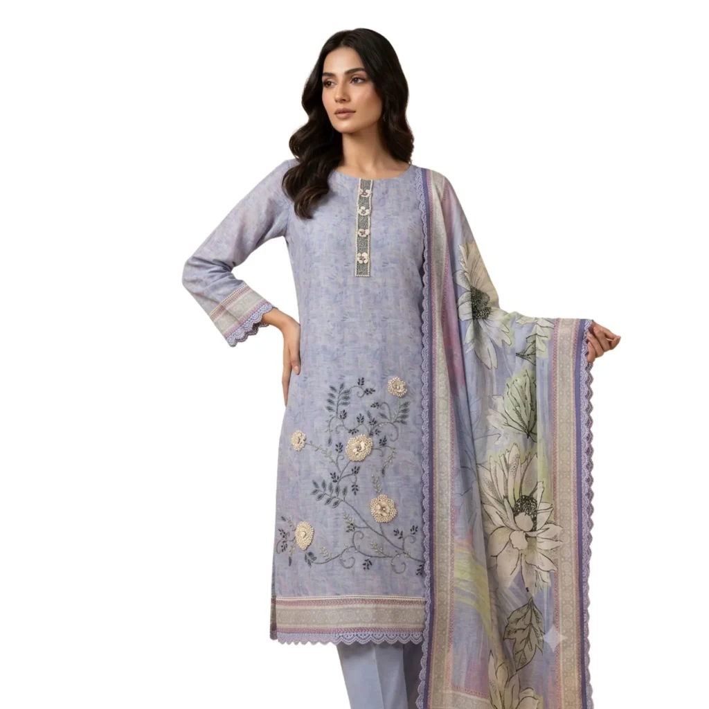 Lilac powder blue unstitched suit with appliqué petals and bead work by Kharatis