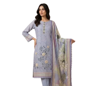 Lilac powder blue unstitched suit with appliqué petals and bead work by Kharatis