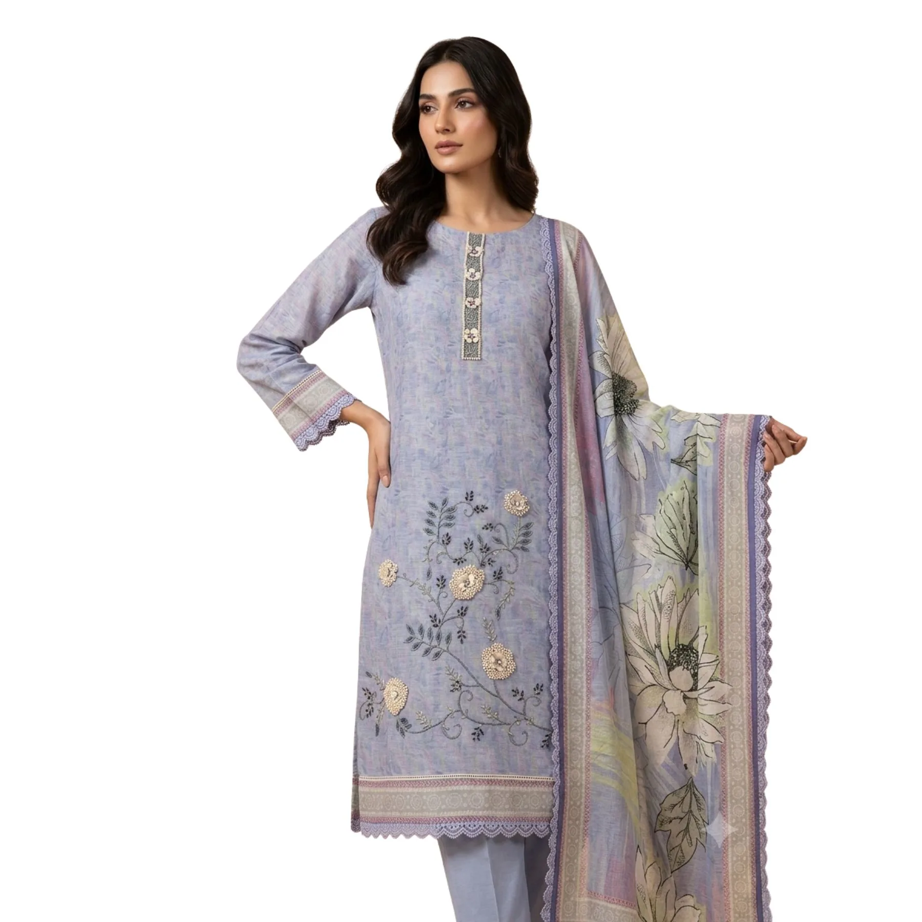 Lilac powder blue unstitched suit with appliqué petals and bead work by Kharatis