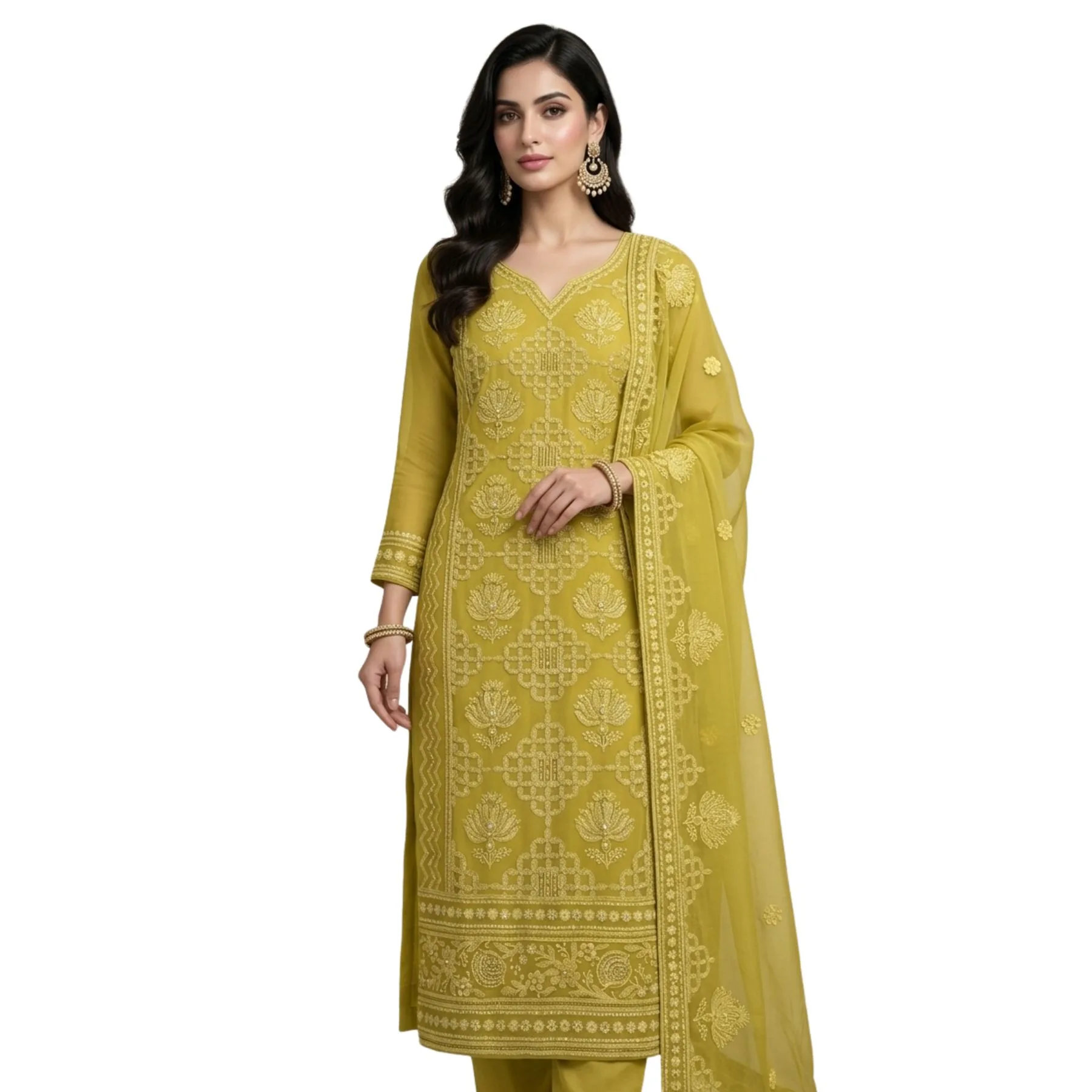 Premium georgette warm lime green unstitched suit with panel thread work by Kharatis