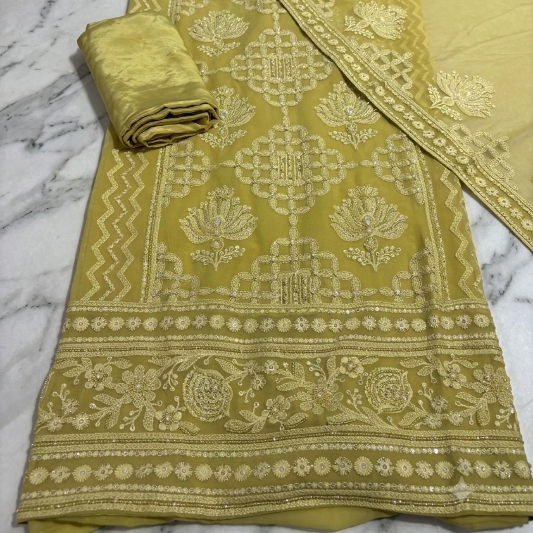 Premium georgette warm lime green unstitched suit with panel thread work by Kharatis