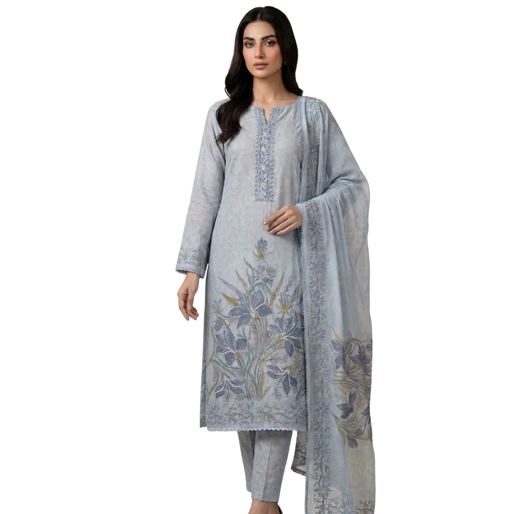 Light monochromatic sky blue mul cotton unstitched suit with paint work and Aari embroidery by Kharatis