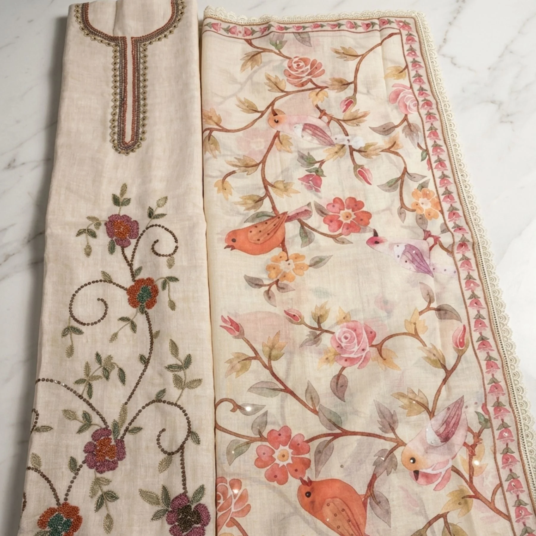 Light cream premium mul cotton unstitched suit with stylized floral sequin work by Kharatis