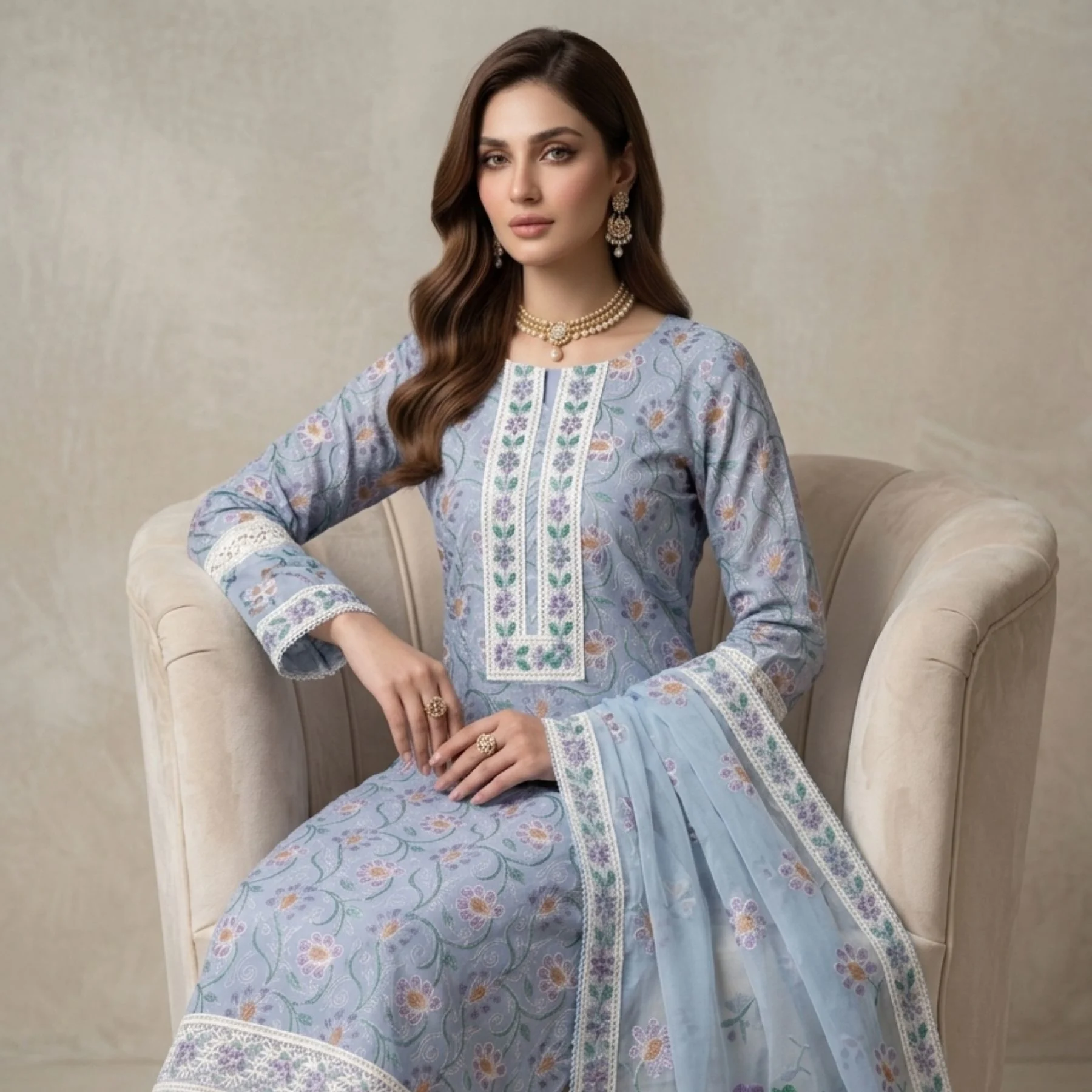 Light sky blue cambric cotton unstitched suit with paint work by Kharatis
