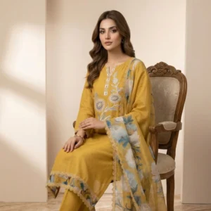 Premium mul chanderi warm mustard yellow unstitched suit with floral motif embroidery by Kharatis