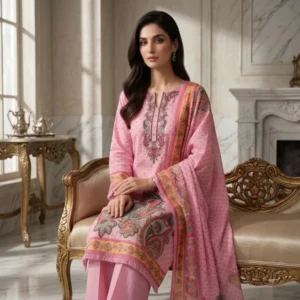 Light feminine pink mul cotton unstitched suit with multicolour embroidery by Kharatis
