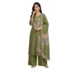Rich olive green unstitched suit with floral embroidery, thread work and bead work by Kharatis