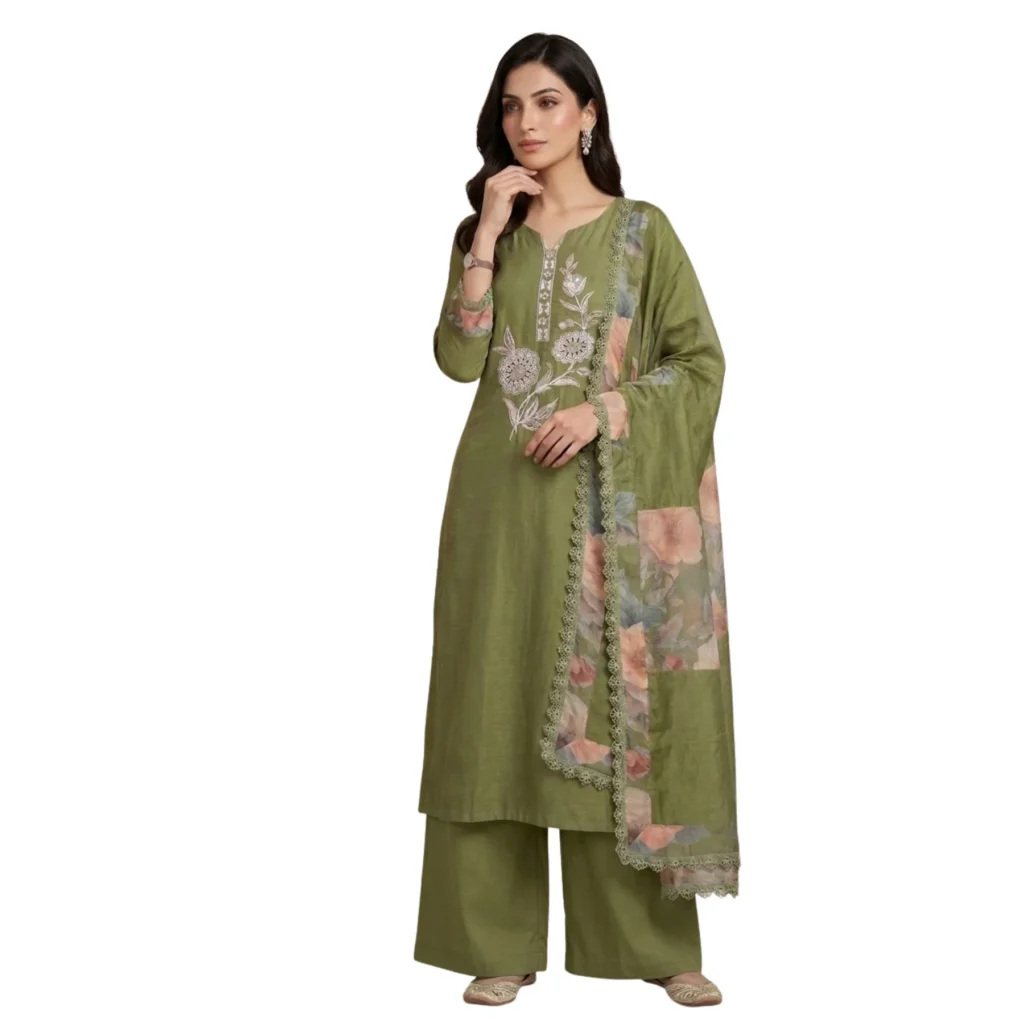 Rich olive green unstitched suit with floral embroidery, thread work and bead work by Kharatis