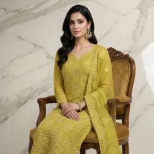 Premium georgette warm lime green unstitched suit with panel thread work by Kharatis