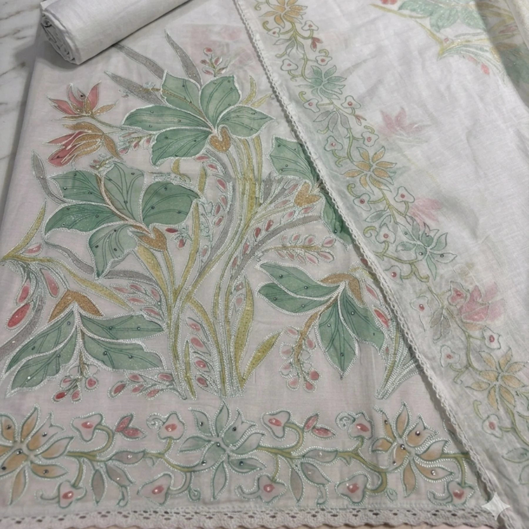 Powder mint green unstitched suit with delicate floral embroidery by Kharatis